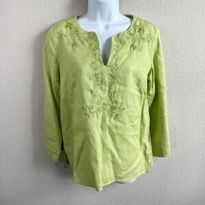 Edward Tunic Women's S Green Beaded Embroidered Irish Linen Relaxed Top Modest